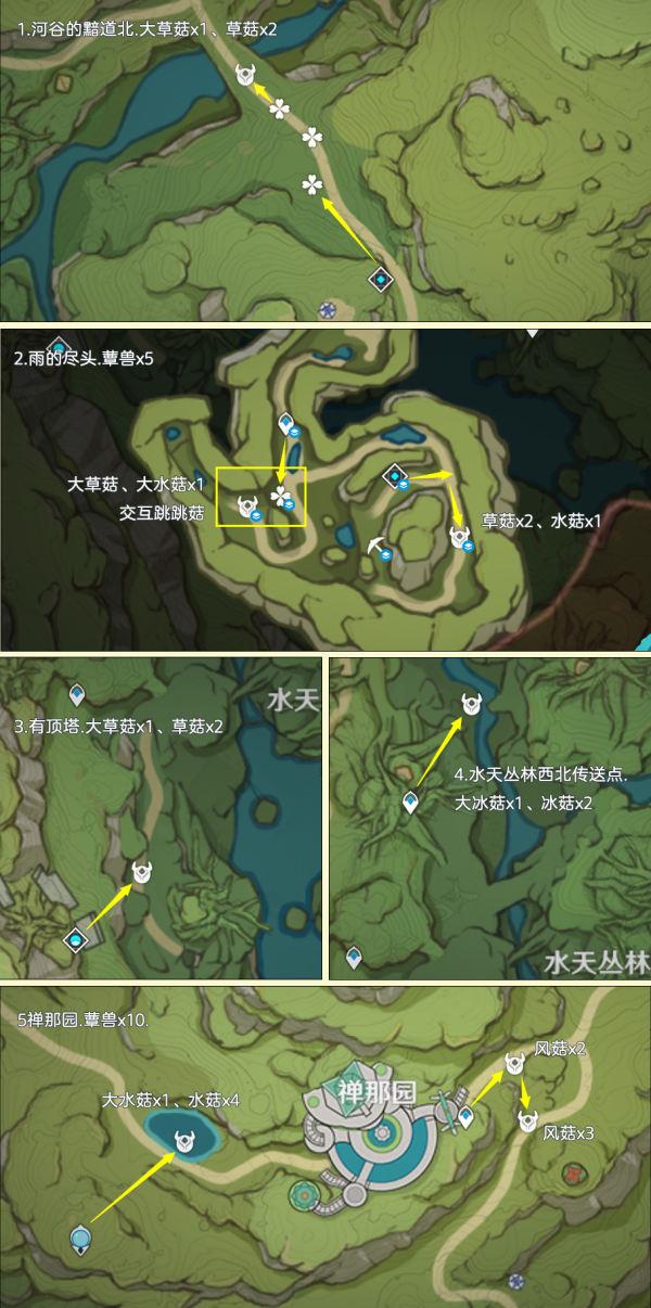 原神4.4草神蕈兽孢子突破材料怎么收集-蕈兽孢子高效率讨伐路线图五 原神44草神蕈兽孢子突破材料收集攻略 蕈兽孢子高效率讨伐路线推荐